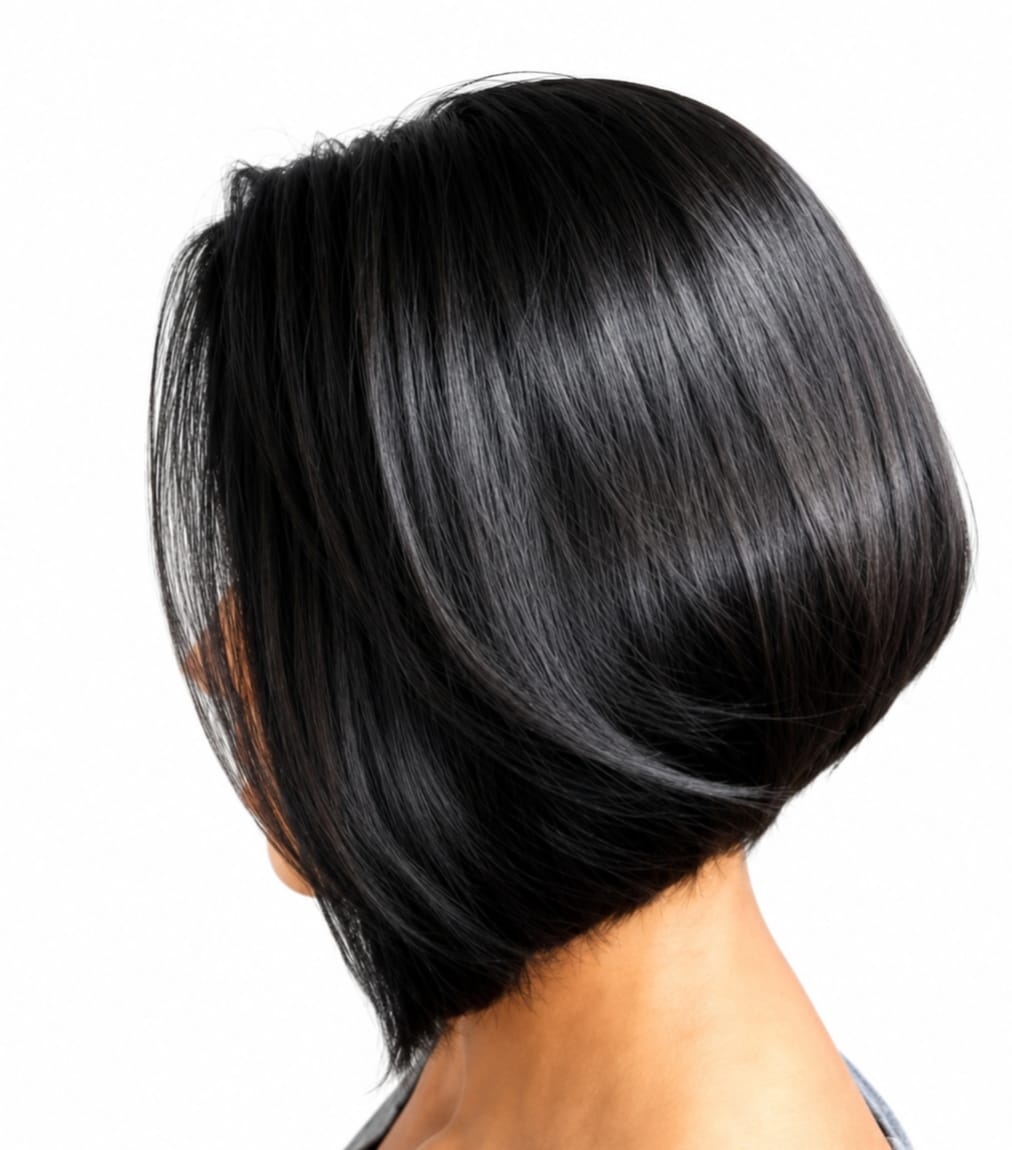 Corte bob assimétrico em cabelo preto brilhante