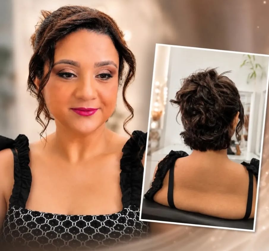Penteado em cabelo curto encaracolado com maquilhagem de festa